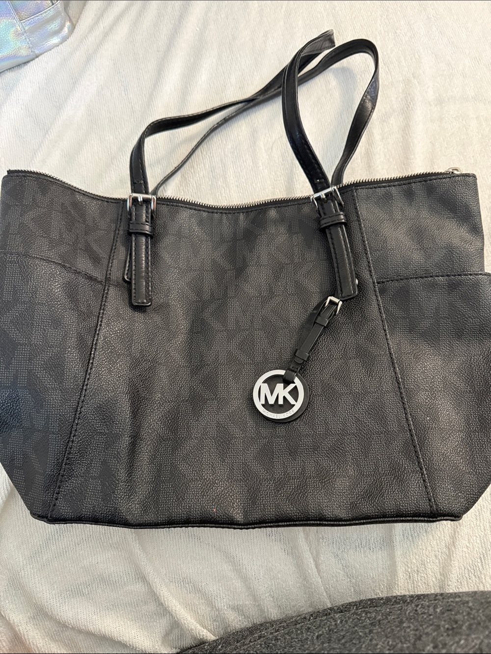 Michael Kors Black MK Logo Tote with Silver Charm